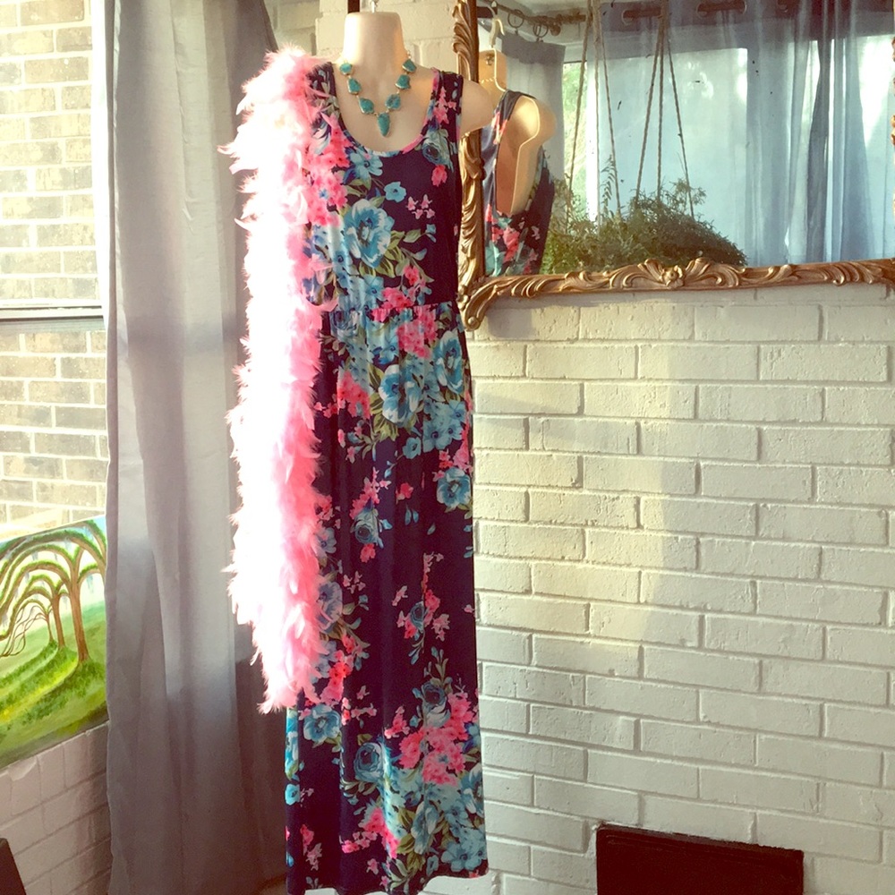 Racer back blue pink floral sleeveless cruise fun pull on long SEXY maxi dress S